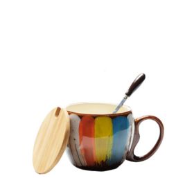 Ceramic mug milk coffee breakfast cup with lid and spoon (Option: Yellow)