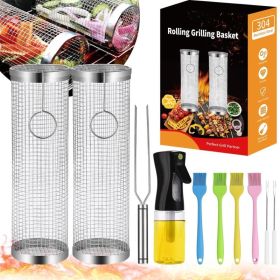 Rolling Grill Basket, 304 Stainless Steel, For Vegetable Meat Food, Smoker BBQ (Option: Silver)