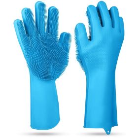 1 Pair Silicone Brush Dishwashing Gloves Cleaning Sponge Heat Resistant Wash Gloves (Option: Blue)