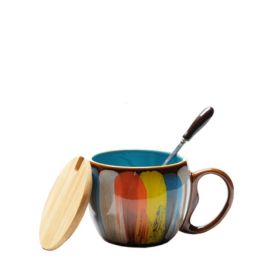 Ceramic mug milk coffee breakfast cup with lid and spoon (Option: Blue)