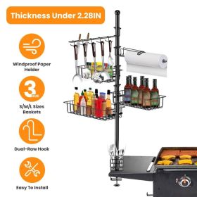 Upright BBQ Storage basket Shelf, Large Capacity Griddle Organizer With Multi-Size Baskets, Tool Hooks & Paper Towel Holder, Easy Assembly (Option: Back)