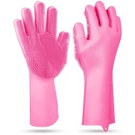 1 Pair Silicone Brush Dishwashing Gloves Cleaning Sponge Heat Resistant Wash Gloves (Option: Pink)